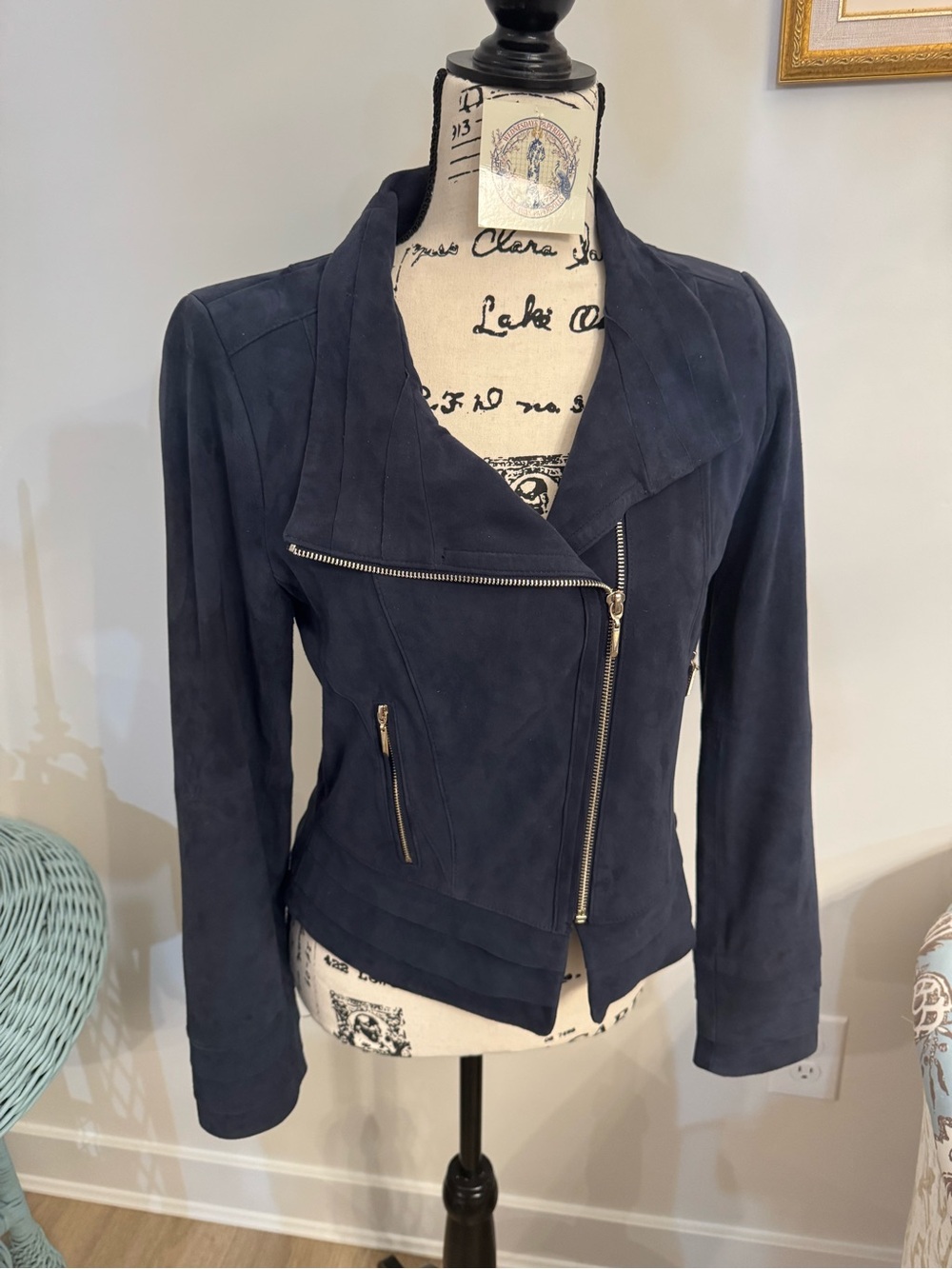 New White House Black Market Blue Suede Leather Moto Jacket Size XS $398